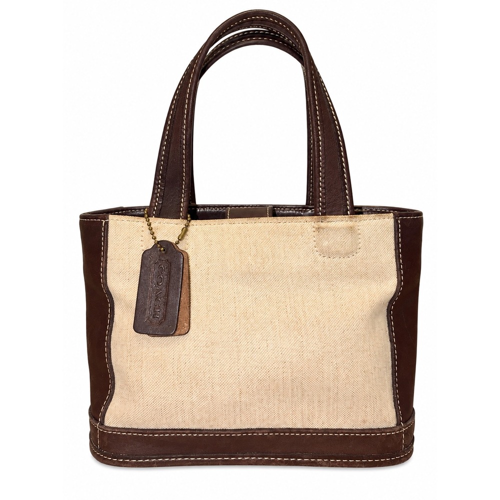 Coach Small Canvas Leather Tote Bag Cream Brown Contrast Stitch Handbag